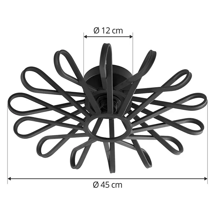 Lindby Deckenleuchte Kaelen - L x B x H: 45 x 45 x 14 cm, schwarz, E27 - Schwarze Metalldeckenleuchte mit dekorativem, geschwungenem Design, Ø 45 cm.