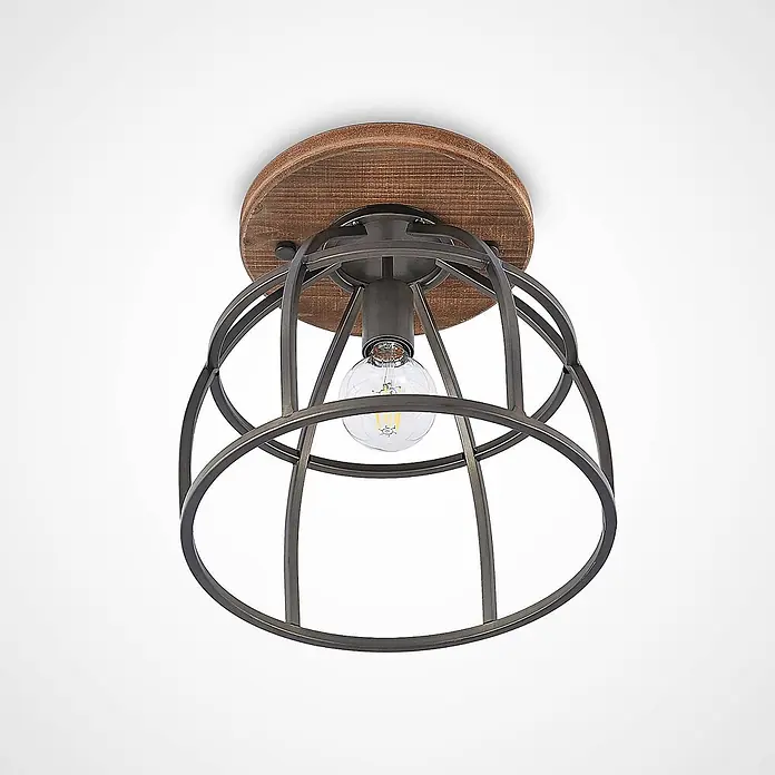 Lindby Deckenleuchte Rutger - Holz dunkel, schwarz, E27 - Industrielle Deckenleuchte mit dunklem Holzsockel, Metallkäfigschirm und klarer Glühbirne.