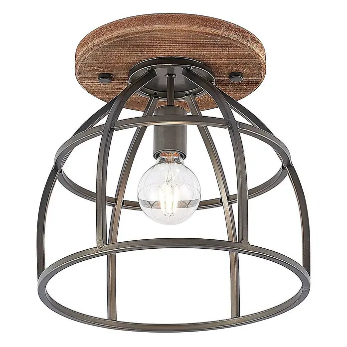 Lindby Deckenleuchte Rutger - Holz dunkel, schwarz, E27 - Deckenleuchte mit rundem Holzsockel und dunklem Metallkäfig um eine klare Glühbirne.