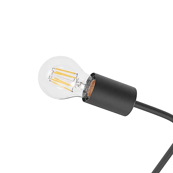 Lindby Deckenleuchte Elimar - schwarz, E27 - Klare LED-Filamentbirne mit sichtbaren gelben Filamenten, in eine schwarze Lampenfassung geschraubt und an ein schwarzes Kabel angeschlossen.