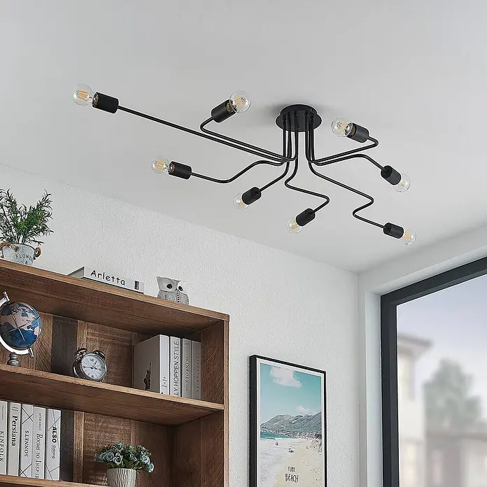 Lindby Deckenleuchte Elimar - schwarz, E27 - Schwarze mehrarmige Deckenleuchte mit sichtbaren Glühbirnen.