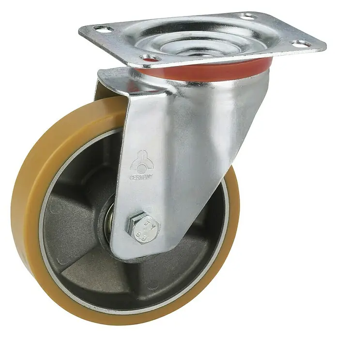 Dörner & Helmer Transportgeräterolle - Durchmesser Rollen: 160 mm, Traglast: 300 kg, Material Reifen: Polyurethan-Vollmaterial, Mit Platte, Kugellager - Lenkrolle mit gelbem Rad und verzinktem Gehäuse, ideal für den Einsatz in Industrie und Werkstatt.