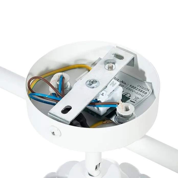 Lindby Deckenstrahler Aralena - weiß / opal, weiß / opal, E27 - Innenansicht einer weißen Elektro-Anschlussdose für eine Leuchte, mit Kabeln, Klemmen und Montagehalterung.