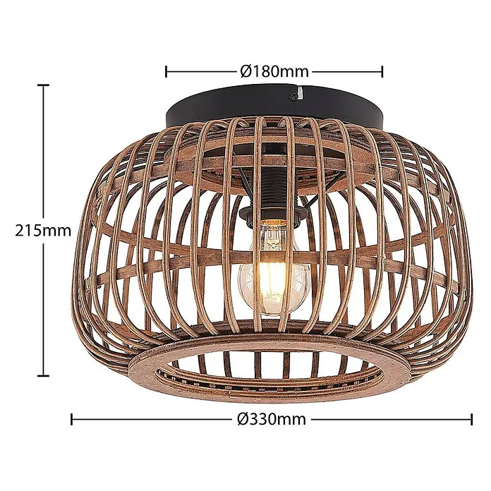 Lindby Deckenleuchte Bominio - Holz hell, E27 - Braune Deckenlampe aus geflochtenem Rattan mit dunklem Sockel und sichtbarer Glühbirne. Maße: H 215mm, Ø oben 180mm, Ø unten 330mm.