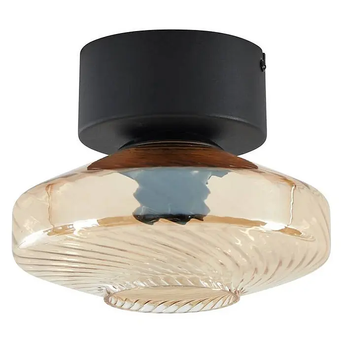 Lindby Deckenleuchte Sylphie - schwarz, creme / amber, E27 - Schwarze Deckenleuchte mit Holzdetails und bernsteinfarbenem, gewirbeltem Glasschirm.
