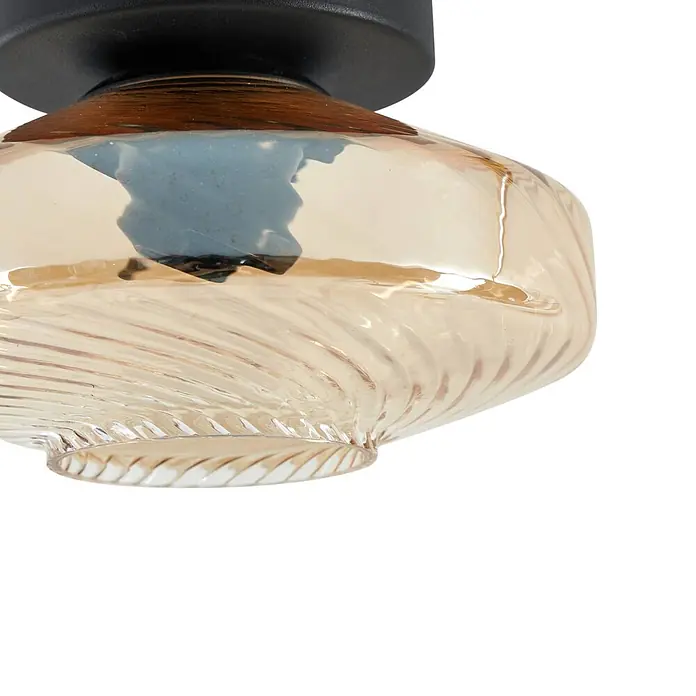 Lindby Deckenleuchte Sylphie - schwarz, creme / amber, E27 - Schwarze und holzfarbene Deckenleuchte mit bernsteinfarbenem, gewirbeltem Glasschirm.