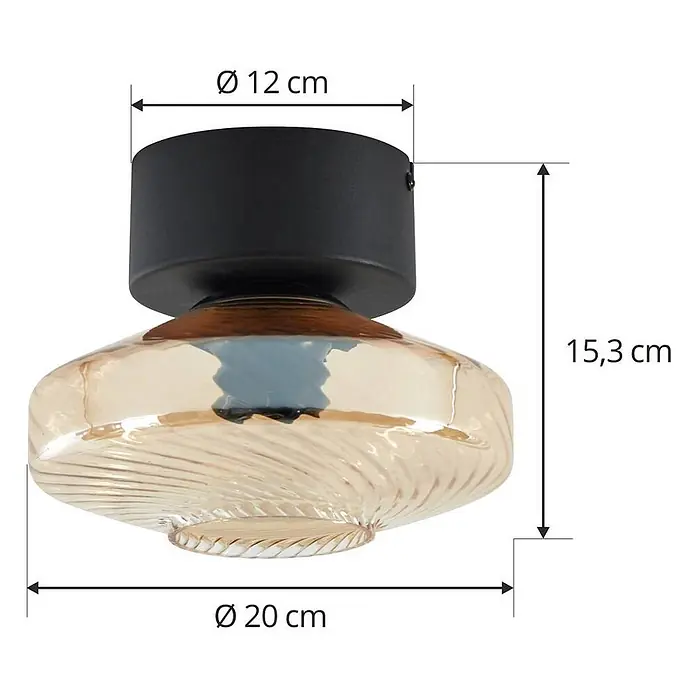 Lindby Deckenleuchte Sylphie - schwarz, creme / amber, E27 - Schwarze Deckenleuchte mit Holzdetail und bernsteinfarbenem Glasschirm mit Spiralmuster.