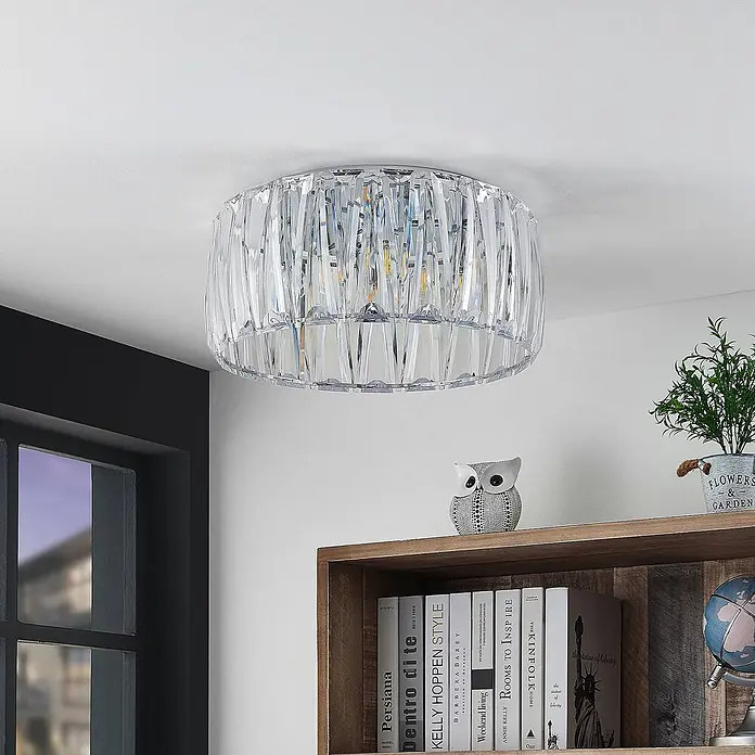 Lindby Deckenleuchte Sofia - L x B x H: 46 x 46 x 22,5 cm, klar / transparent, E14 - Runde Deckenleuchte mit klaren, facettierten Kristallelementen, bündig montiert.