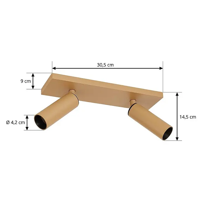 Arcchio Deckenstrahler Brinja Slim - braun / rost, braun / rost, GU10 - Beige rechteckige Zweifach-Spotleuchte mit verstellbaren zylindrischen Strahlern und Maßen.