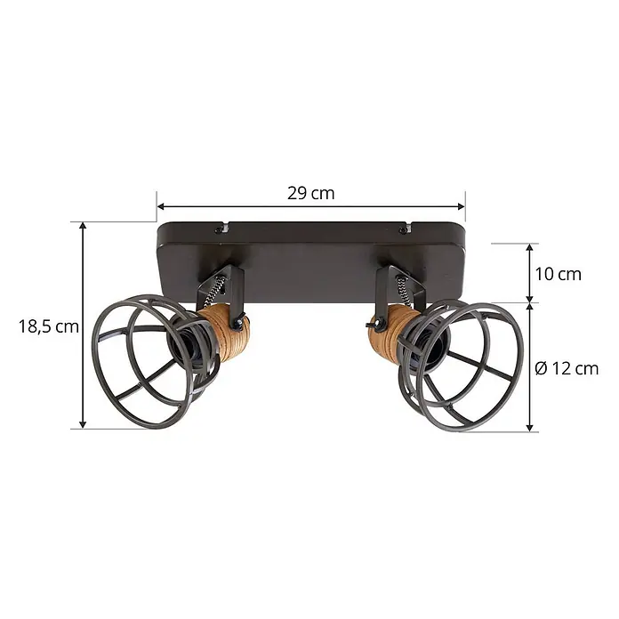 Lindby Deckenstrahler Arinthea - schwarz, schwarz, E14 - Industrielle Deckenleuchte mit zwei dunkelgrauen Strahlern, Holzdetails und offenen Käfigen. Maße sind abgebildet.