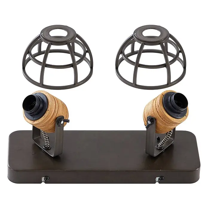 Lindby Deckenstrahler Arinthea - schwarz, schwarz, E14 - Zweiflammiger Deckenstrahler mit dunkler Metallbasis, zwei verstellbaren Holzoptik-Lampenfassungen und zwei dunklen Metallkäfigschirmen.