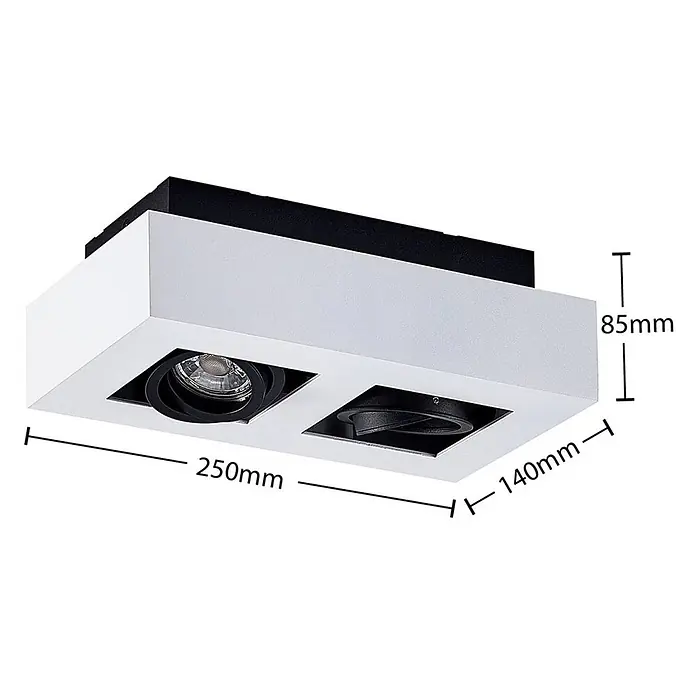 Arcchio Deckenstrahler Vince - weiß / opal, weiß / opal, GU10 - Rechteckiger weißer Aufbaustrahler mit zwei schwarzen, verstellbaren Leuchten. Maße: 250x140x85mm.