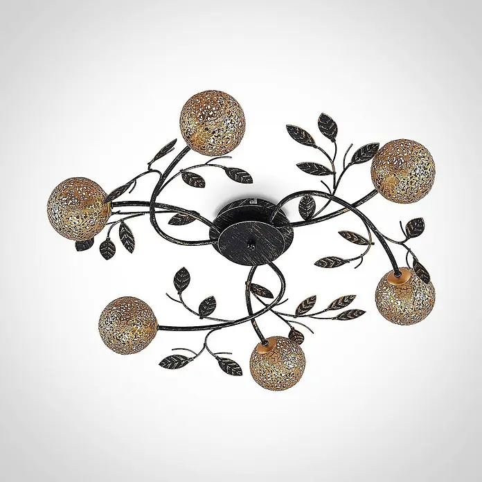 Lucande Deckenleuchte Evory - L x B x H: 69 x 69 x 13 cm, schwarz, messing / gold, G9 - Deckenleuchte aus Antikbronze mit sechs goldenen, kunstvoll perforierten Kugelschirmen und Blattrankenakzenten.