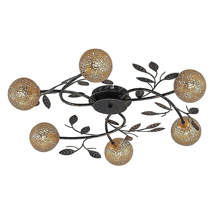 Lucande Deckenleuchte Evory - L x B x H: 69 x 69 x 13 cm, schwarz, messing / gold, G9 - Dekorative Deckenleuchte mit dunkelbronzenem Gestell, Blätterzweigen und sechs goldenen Filigran-Kugelabdeckungen.