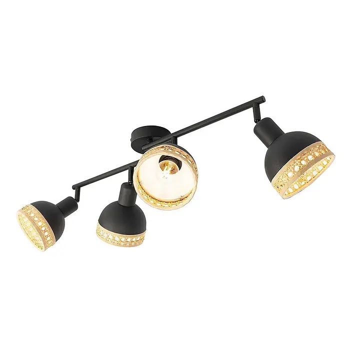 Lindby Deckenstrahler Lonnaris - schwarz, schwarz, E14 - Schwarze Metall-Deckenleuchte mit vier verstellbaren Strahlern, Schirme mit Rattan-Geflechtdetails, ein Strahler leuchtet.