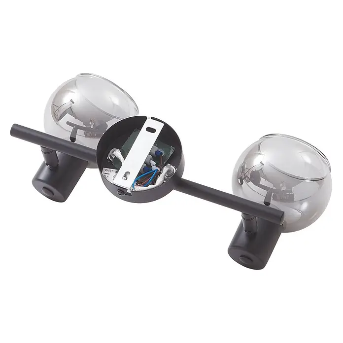 Lindby Deckenstrahler Arna - L x B x H: 41,1 x 10 x 16 cm, schwarz, alu / grau / zink, E14 - Schwarze Dreifach-Strahlerlampe mit klaren Glasschirmen. Ein Strahler ist offen und zeigt interne Verkabelung und Montagehalterung.