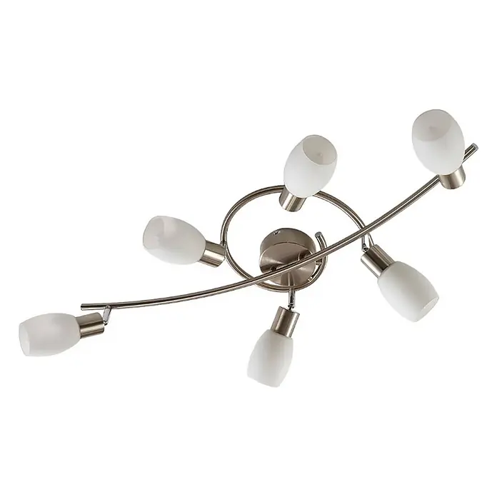 Lindby Deckenstrahler Arda - alu / grau / zink, E14 - Moderne Deckenleuchte mit sechs verstellbaren Strahlern an gebogenen, gebürsteten Metallarmen und mattierten Glasschirmen.