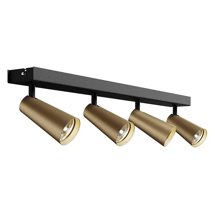 Lucande Deckenstrahler Angelina - schwarz, messing / gold, GU10 - Vier goldene zylindrische Strahler an einer schwarzen rechteckigen Stromschienenleuchte.