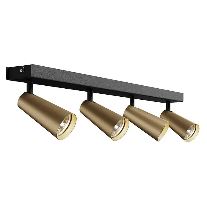 Lucande Deckenstrahler Angelina - schwarz, messing / gold, GU10 - Schwarze lineare Schienenleuchte mit vier angewinkelten zylindrischen Strahlern in gebürstetem Gold/Messing.