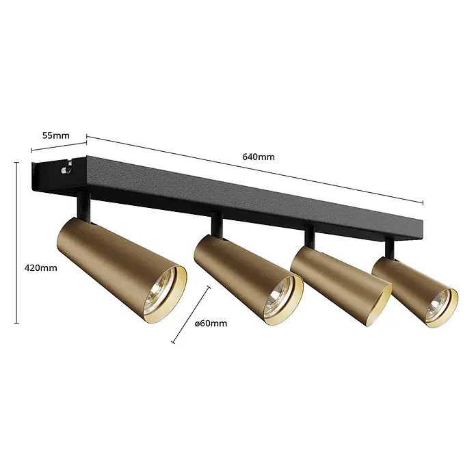 Lucande Deckenstrahler Angelina - schwarz, messing / gold, GU10 - Schwarze Vierfach-Schienenleuchte mit zylindrischen Messinglampen.