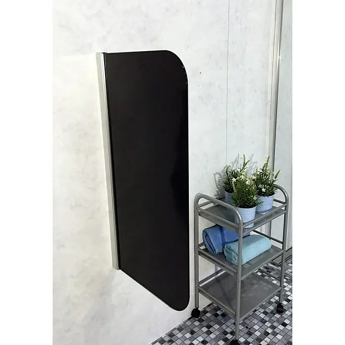 GEO Urinal-Trennwand Radius 100 - 50 x 90 cm, Glas, Schwarz - Ein stilvoller, schwarzer Badewannenaufsatz mit silberfarbenem Rahmen, der Eleganz und Funktionalität in jedes Badezimmer bringt.