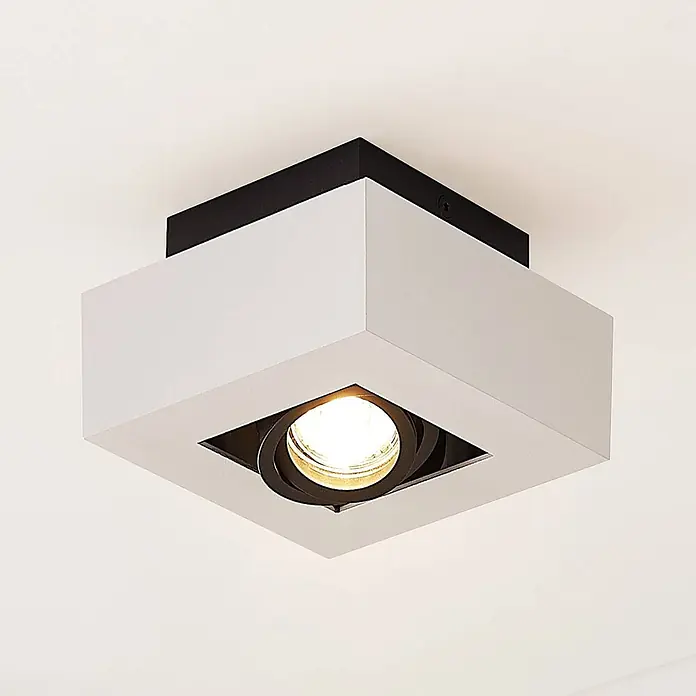 Arcchio Deckenstrahler Vince - L x B x H: 14 x 14 x 8,5 cm, weiß / opal, weiß / opal, GU10 - Weißer quadratischer Aufputz-Deckenstrahler mit schwarzer Basis und verstellbarem, warmem Licht.