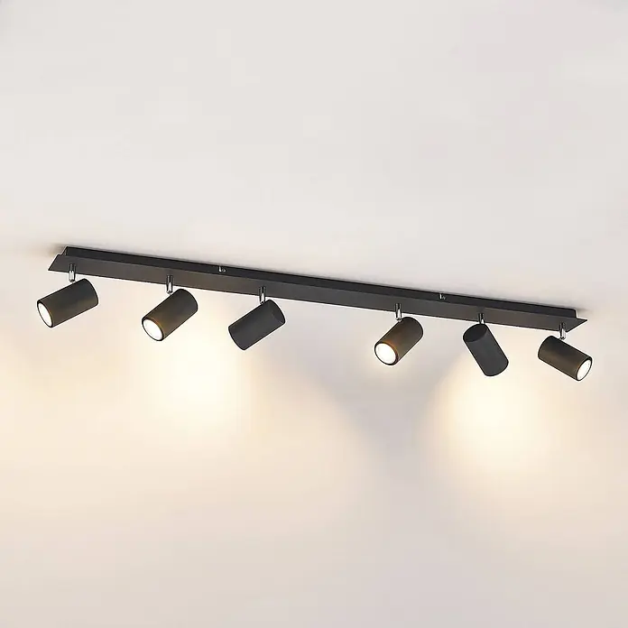 Lindby Deckenstrahler Joffrey - L x B x H: 116 x 9 x 16,5 cm, schwarz, schwarz, GU10 - Schwarze Deckenleuchte aus Metall mit sechs verstellbaren Strahlern, die den Raum beleuchten.