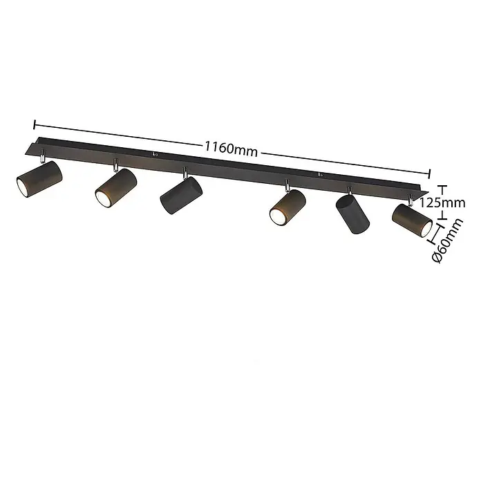 Lindby Deckenstrahler Joffrey - L x B x H: 116 x 9 x 16,5 cm, schwarz, schwarz, GU10 - Dunkle lineare Schienenleuchte mit sechs verstellbaren Strahlern. Länge 1160 mm.