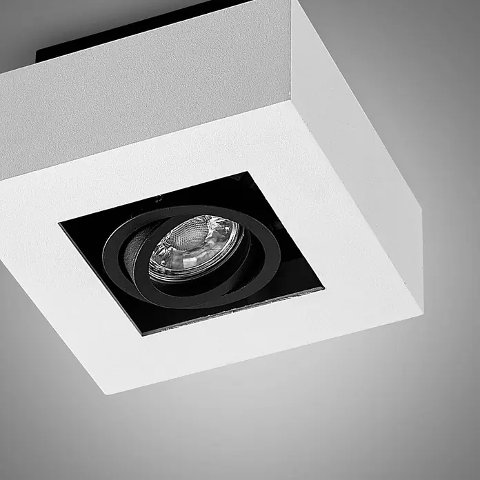 Arcchio Deckenstrahler Vince - L x B x H: 14 x 14 x 8,5 cm, weiß / opal, weiß / opal, GU10 - Weißer rechteckiger Aufbau-Downlight mit verstellbarem schwarzem Innenring und Spotbirne.