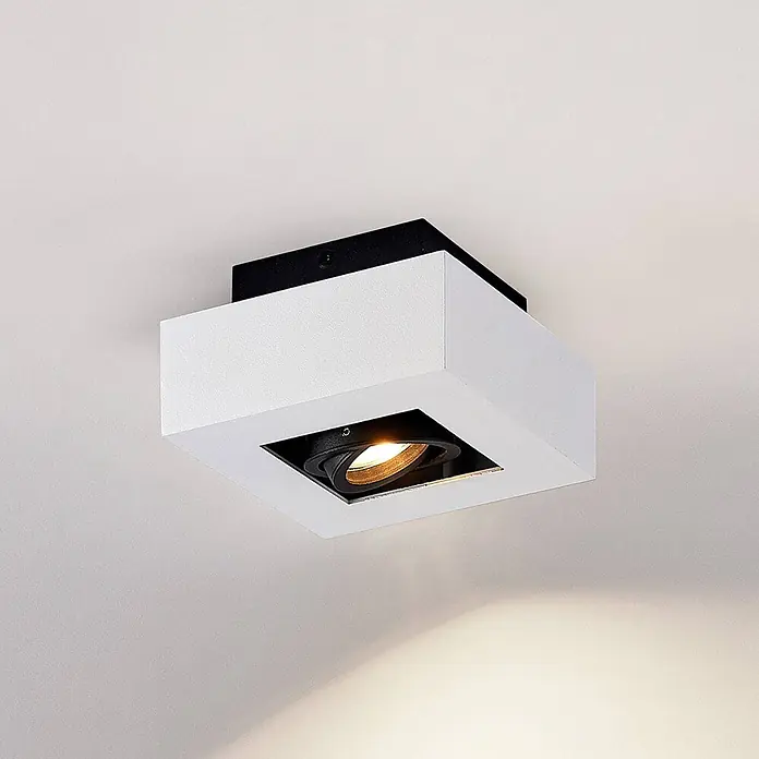 Arcchio Deckenstrahler Vince - L x B x H: 14 x 14 x 8,5 cm, weiß / opal, weiß / opal, GU10 - Quadratischer, weißer Aufbau-Strahler mit schwarzem, verstellbarem Innenlicht, das warmes Licht abgibt.