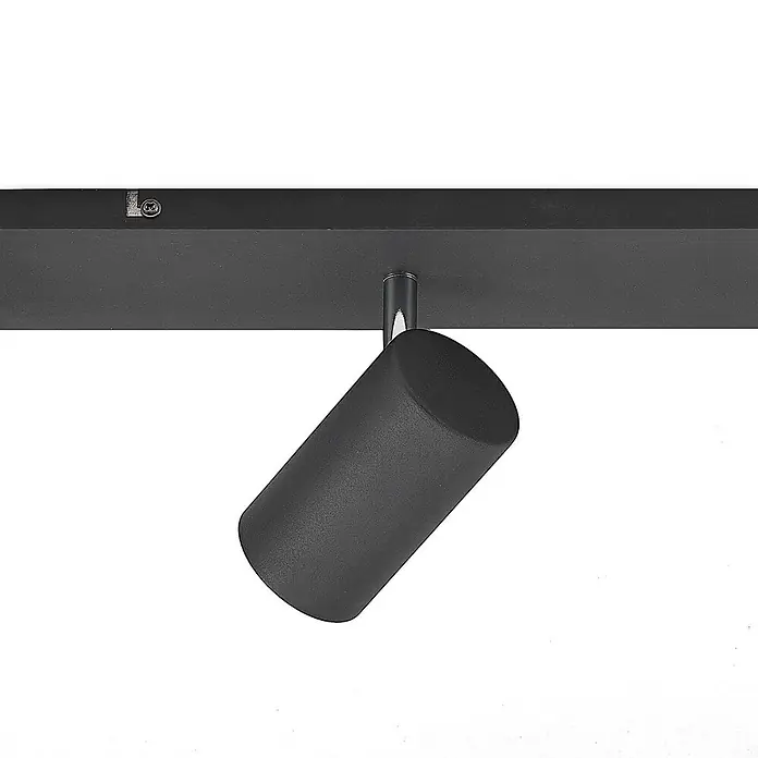 Lindby Deckenstrahler Joffrey - L x B x H: 116 x 9 x 16,5 cm, schwarz, schwarz, GU10 - Matt-schwarzer zylindrischer Schienenstrahler, über eine silberne Stange an einer schwarzen Schiene befestigt.