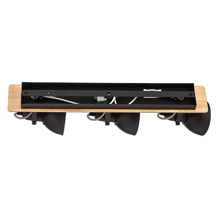 Lindby Deckenstrahler Aylis - Holz dunkel, schwarz, E14 - Rückansicht einer Dreifach-Strahlerleuchte mit hellem Holzsockel und schwarzem Metallgehäuse, zeigt interne Verkabelung und Montagehalterungen.