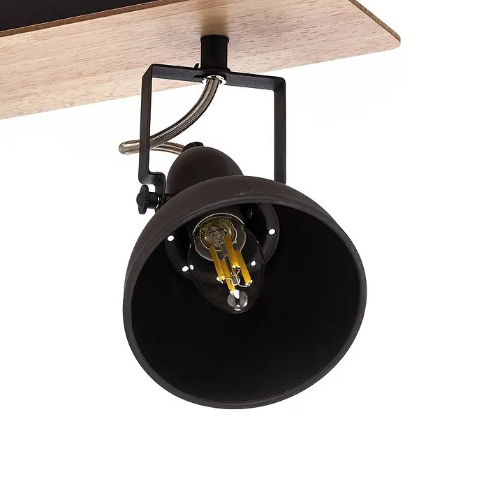 Lindby Deckenstrahler Aylis - Holz dunkel, schwarz, E14 - Schwarzer Metallstrahler mit klarer LED-Glühfadenlampe, montiert auf hellem Holzsockel.