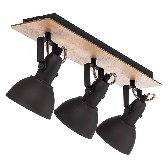 Lindby Deckenstrahler Aylis - Holz dunkel, schwarz, E14 - Drei schwarze, verstellbare Deckenstrahler mit Basis aus Naturholz und schwarzem Metall.
