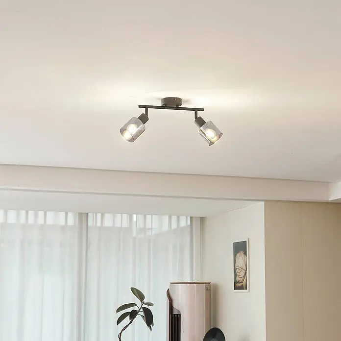Lindby Deckenstrahler Netty - L x B x H: 48 x 9 x 20 cm, schwarz, alu / grau / zink, E14 - Verstellbarer zweiflammiger Deckenstrahler aus dunklem Metall mit klaren Glasschirmen.