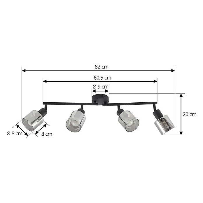 Lindby Deckenstrahler Netty - L x B x H: 48 x 9 x 20 cm, schwarz, alu / grau / zink, E14 - Schwarze 4-flammige Deckenleuchte mit Glaslampenschirmen. Maße: 82 cm lang, 20 cm hoch.