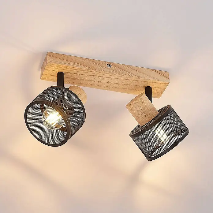 Lindby Deckenstrahler Evinora - Holz hell, schwarz, E14 - Zweiflammige Deckenleuchte mit Holzsockel und schwarzen Drahtgeflecht-Schirmen, mit warmen Filamentlampen.