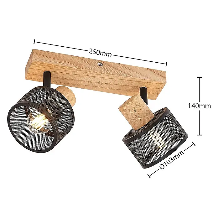 Lindby Deckenstrahler Evinora - Holz hell, schwarz, E14 - Moderne 2-flammige Strahlerleuchte mit Holzsockel und verstellbaren schwarzen Drahtgeflechtschirmen.