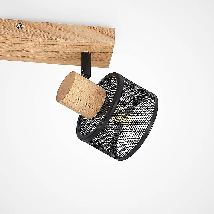 Lindby Deckenstrahler Evinora - Holz hell, schwarz, E14 - Verstellbarer Deckenstrahler mit hellem Holzbalken und schwarzem Metallgeflecht-Schirm mit Holzdetails.