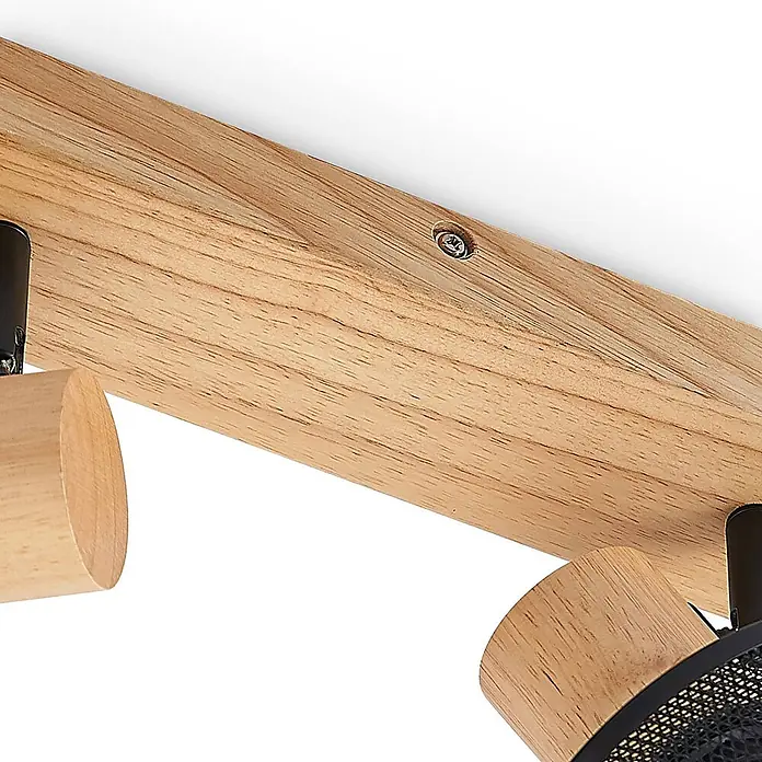 Lindby Deckenstrahler Evinora - Holz hell, schwarz, E14 - Deckenleuchte mit hellem Holzträger, schwarzen Gitter-Spotköpfen und sichtbarer Montageschraube.