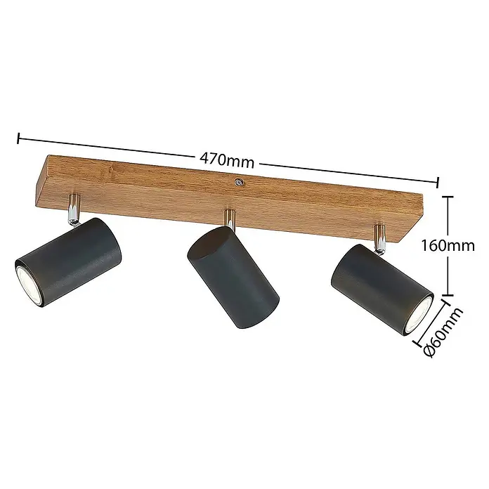 Lindby Deckenstrahler Maniva - Holz hell, schwarz, GU10 - Deckenstrahlerleiste aus Holz mit drei schwarzen, verstellbaren Strahlern. Länge 470mm, Höhe 160mm, Ø60mm Strahler.