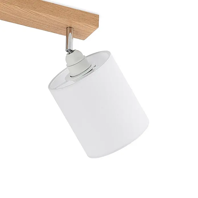 Lindby Deckenstrahler Imarin - Holz hell, weiß / opal, E27 - Deckenstrahler mit naturbelassenem Holzbalken und weißem zylindrischem Textilschirm, mit verstellbarem Gelenk in Chromoptik.