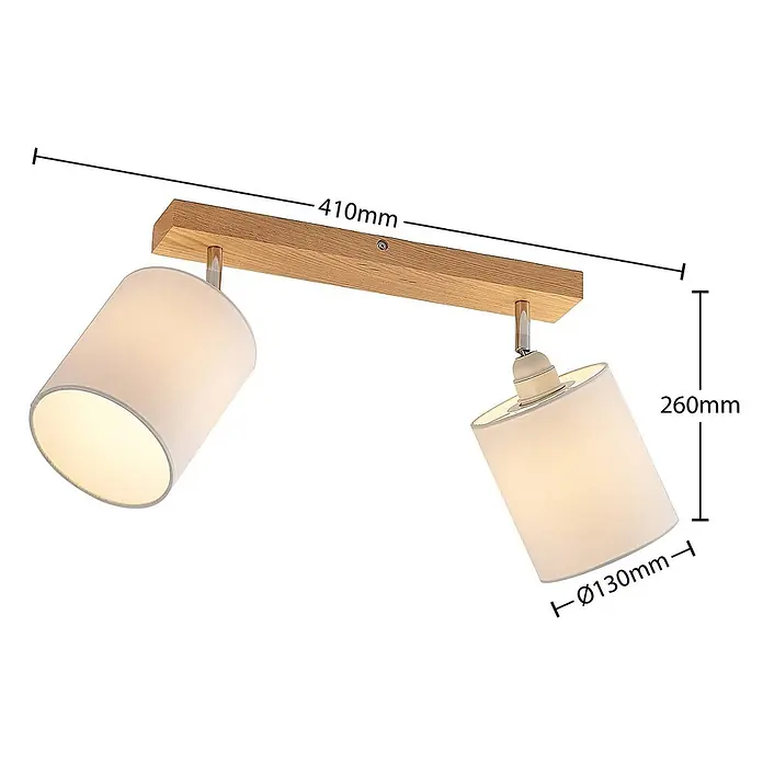 Lindby Deckenstrahler Imarin - Holz hell, weiß / opal, E27 - Deckenstrahler aus Holz mit zwei verstellbaren weißen Stoffschirmen. 410mm lang, 260mm hoch.