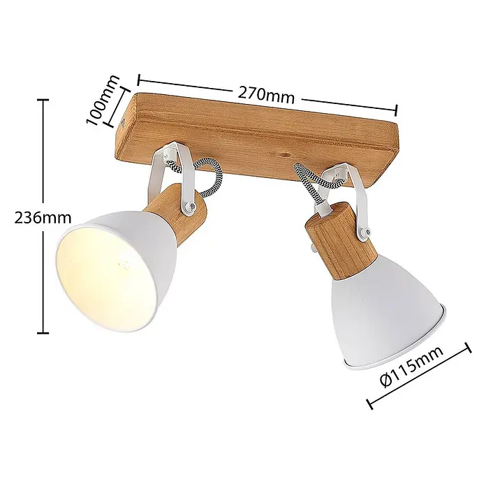 Lindby Deckenstrahler Merela - L x B x H: 28 x 11,5 x 23 cm, Holz hell, E14 - Deckenleuchte mit zwei Spots, natürlichem Holzsockel und weißen, verstellbaren Metallschirmen mit Textilkabeln.