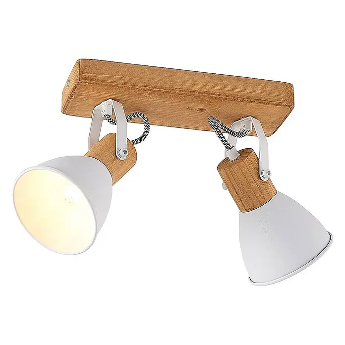 Lindby Deckenstrahler Merela - L x B x H: 28 x 11,5 x 23 cm, Holz hell, E14 - Deckenstrahler mit zwei weißen Metallschirmen an einer Holzleiste, verstellbar und mit geflochtenen Kabeln.