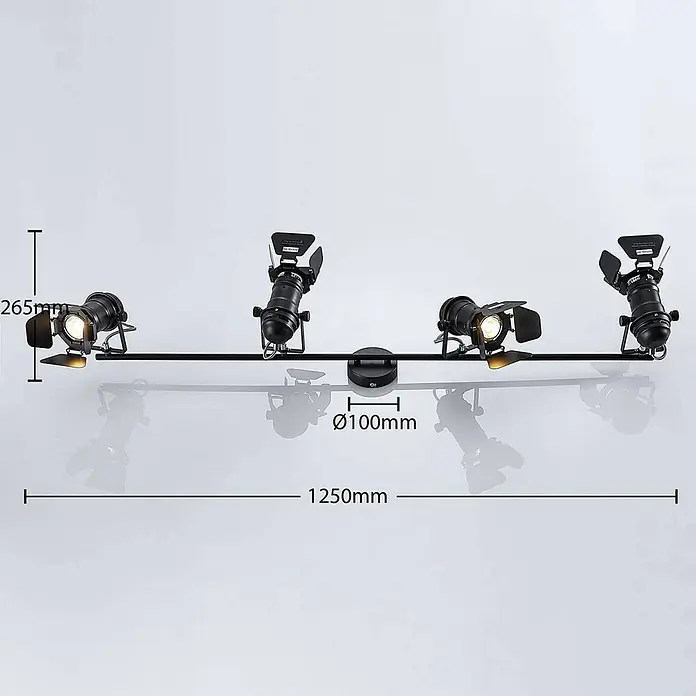 Lindby Deckenstrahler Tilen - schwarz, schwarz, GU10 - Schwarze Metall-Schienenleuchte mit vier verstellbaren Strahlern, die Bühnenlichtern ähneln.