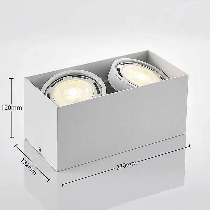 Arcchio Deckenstrahler Mabel - L x B x H: 27 x 13,2 x 12 cm, weiß / opal, weiß / opal, GU10 - Weißer rechteckiger Lichtbalken mit zwei beleuchteten Strahlern, Maße angezeigt.