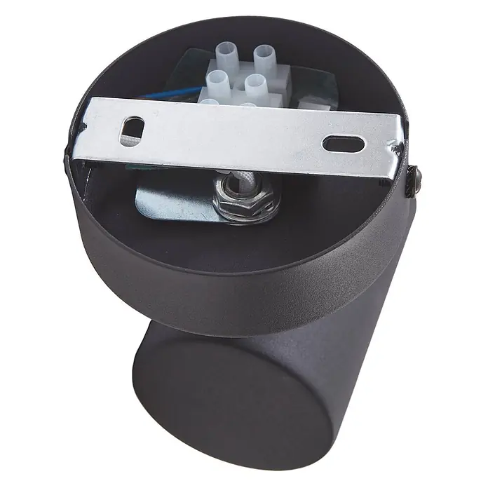 Lindby Deckenstrahler Jorell - schwarz, schwarz, GU10 - Rückansicht einer schwarzen zylindrischen Leuchte mit silberner Montagehalterung und weißem Klemmblock.