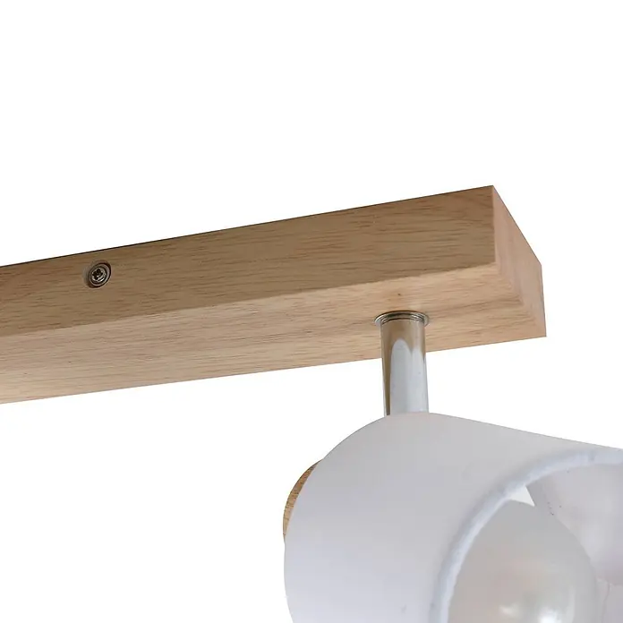 Lindby Deckenstrahler Wanessa - Holz hell, E14 - Leuchte mit heller Holzleiste und weißem zylindrischem Lampenschirm.