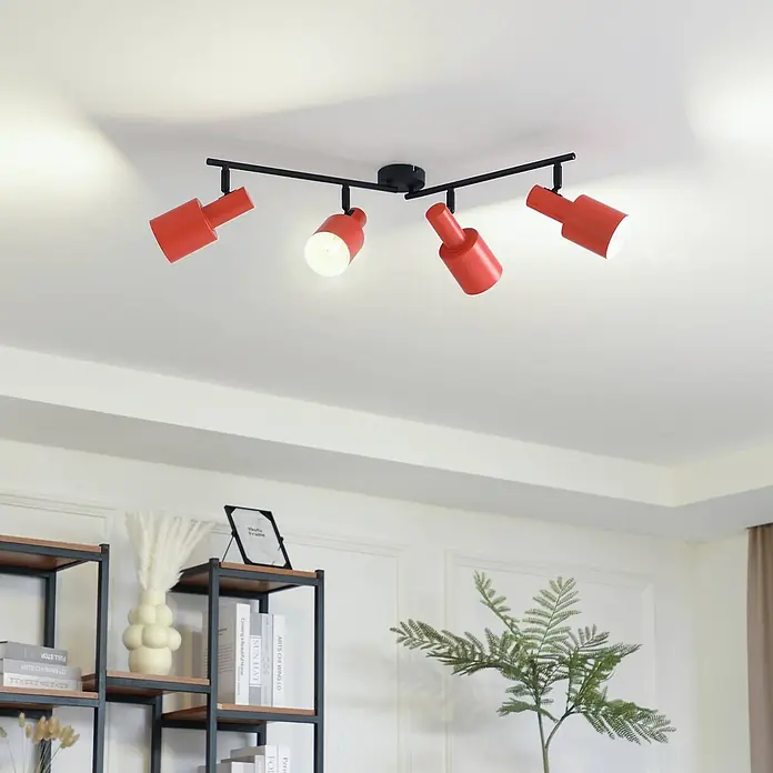 Lindby Deckenstrahler Ovelia - L x B x H: 79,5 x 9 x 25 cm, gelb / orange, E27 - Rote und schwarze Deckenstrahlerleiste mit vier verstellbaren Spotlights.